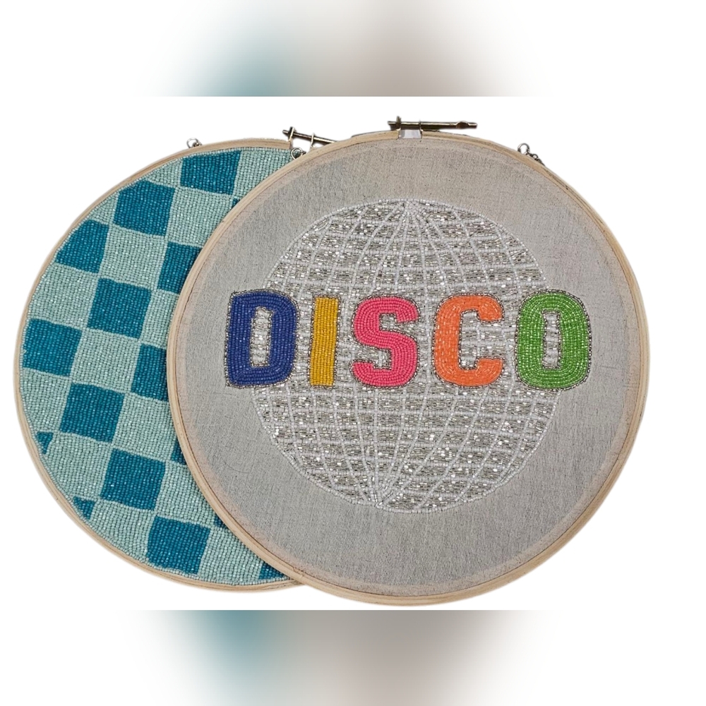NEW Colorful Disco Embroidery Beaded Hoop Art w/ Square Patterned Art - Lot of 2